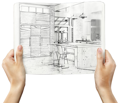 Hände, die ein Skizzenbuch halten mit einer skizzierten Küche